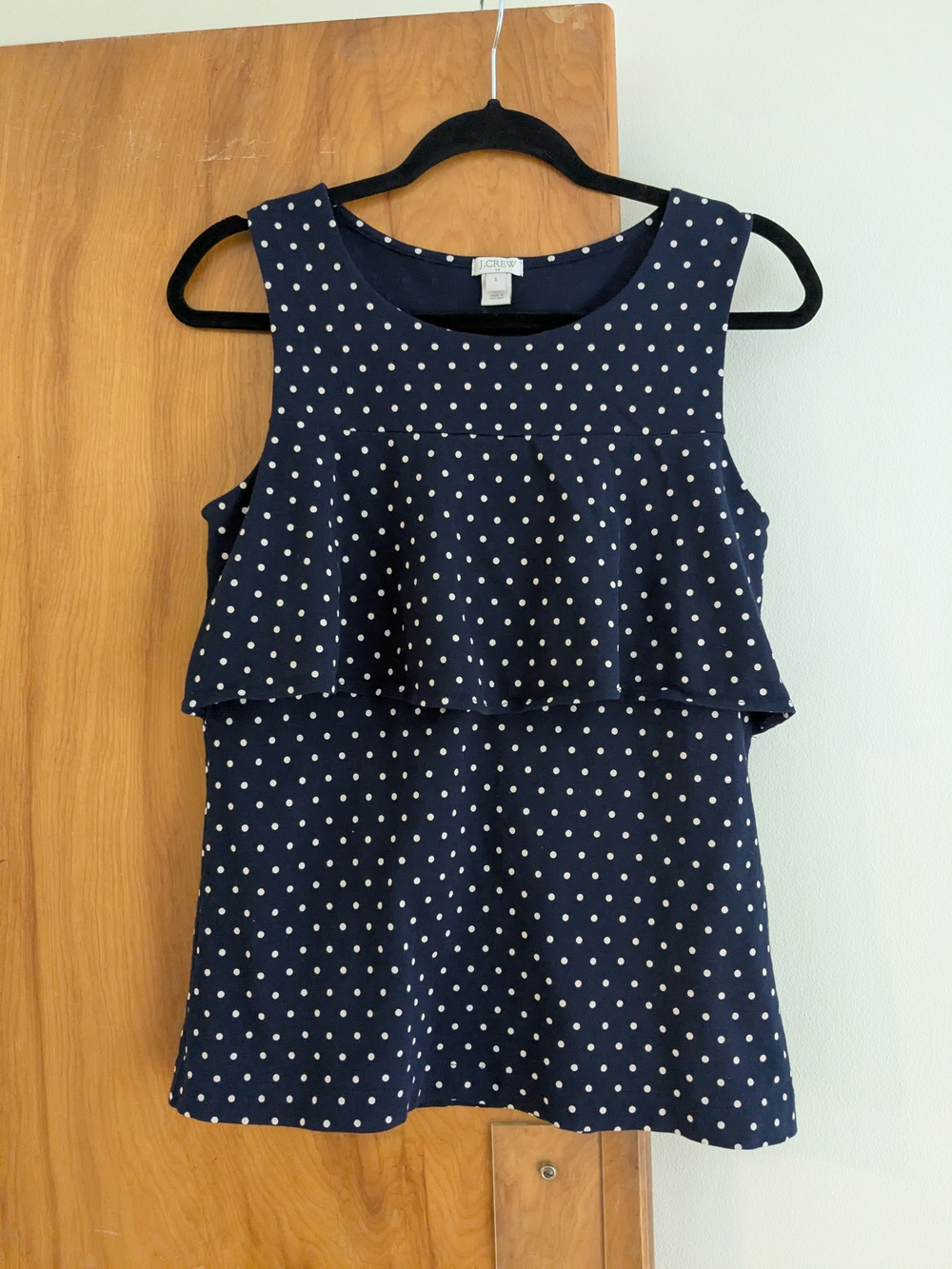 J. Crew Polka Dot Sleeveless Ruffle Top - Navy